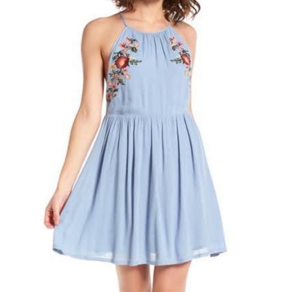 Lush Light Blue Floral Embroidered Skater Dress | Size Medium